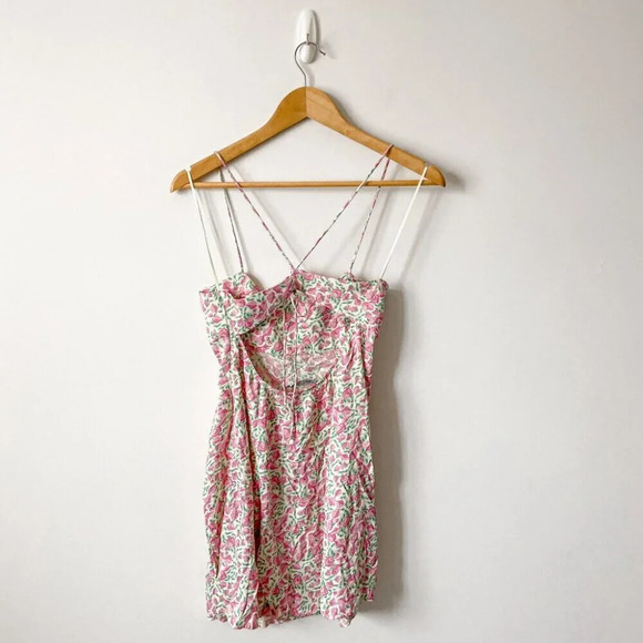 Zara Ditsy Floral Satin Effect Mini Dress Pink Green Size Medium - Picture 5 of 10